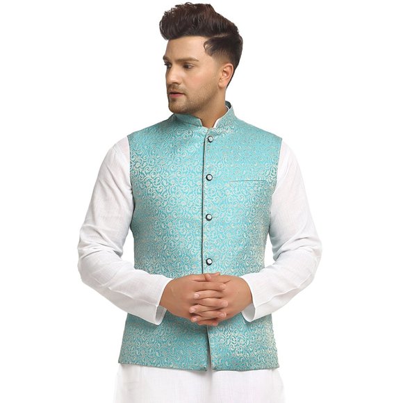 Sleeveless Traditional Brocade Silk Turquoise Blue Nehru Jacket by Treemoda - Picture 1 of 5